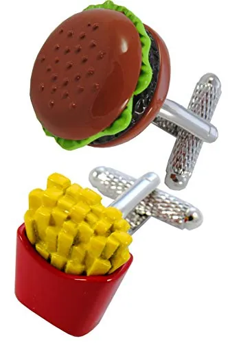 Gemelos Camisa Hombre Divertido - Con Caja - Gemelos para Camisas - Hamburguesa y Papas Fritas - Comida Restaurante Papas Fritas - Latón - Color Marrón Rojo y Amarillo - Un Par