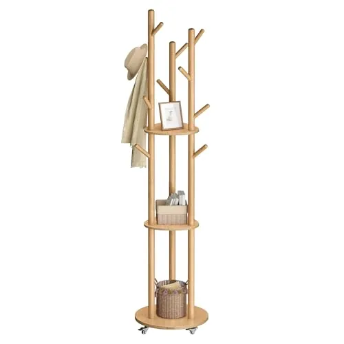 VASAGLE Perchero de Pie, Perchero con 11 Ganchos y 3 Estantes, 4 Ruedas Giratorias de 360° y Extraíbles, Ganchos y Postes de Madera, para Entrada Dormitorio Salón, Natural RCR023YK01