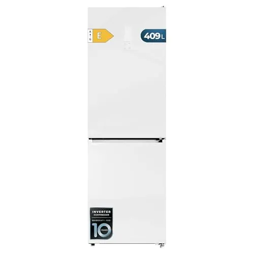 Cecotec Frigorífico Combi Bolero CoolMarket Combi 409 White Glass E. 409 L, Altura 184,6 cm, Ancho 59,5 cm, Total NoFrost, Cajón Fresh Flex, Multi AirFlow, Motor Inverter, Modo Inteligente