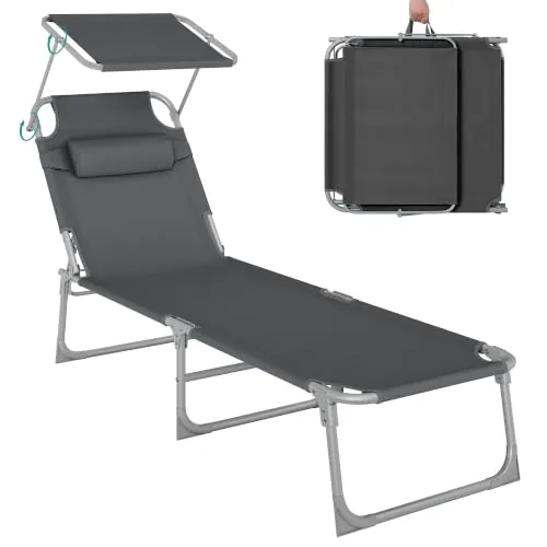 SONGMICS Tumbona, Tumbona Reclinable, 193 x 53 x 29 cm,Carga de 150 kg, con Reposacabezas de Protección Solar y Respaldo Reclinable, para Terraza, Piscina, Jardín, Gris Oscuro GCB19UV1