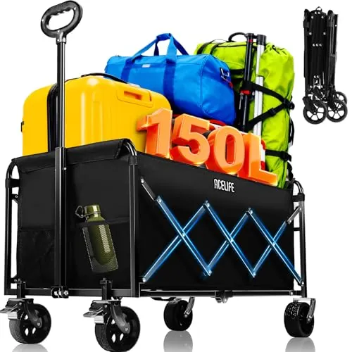 Carro Plegable de Mano, ACELIFE 150L Carrito Plegable con Ruedas con Mango Ajustable, Ruedas Todoterreno Capacidad de Carga de 150 kg para Camping, jardín, Exterior