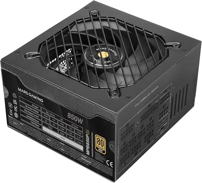 Mars Gaming MPB850PSI, Fuente Alimentación Full Modular ATX 850W, 10 Años Garantía, 80Plus Gold 90%, Ventilador SI 14cm, Tecnología AI2-RPM, DC-DC y SMD, ATX 3.1 y PCIe 5.1, Conector 12V 2x6, Negro