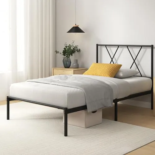 Zinus Elias Somier 90x190 cm - Altura 30 cm - Base Cama Individual en Acero con Cabecero - Láminas de Metal - Montaje Fácil- Espacio de Almacenamiento - Negro
