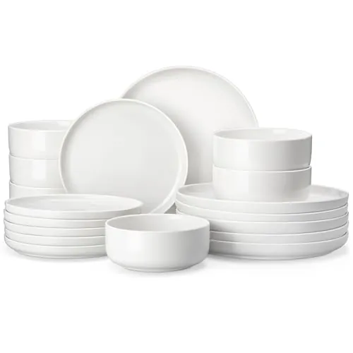 MALACASA Vajillas Completas 18 Piezas, Juegos de Platos para 6 Personas con 6 Plato/Plato de Postre/Cuencos de Cereales, Apto para Microondas y Lavavajillas, Blanco, Serie LUNA