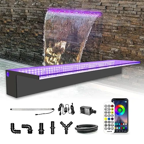 LONGRUN Derrame de Cascada, Control de aplicación, luz LED Multicolor para Exteriores, Kit de Fuentes de Agua acrílica Estanque Koi cascadas para decoración de jardín, Patio, Piscina - 90cm