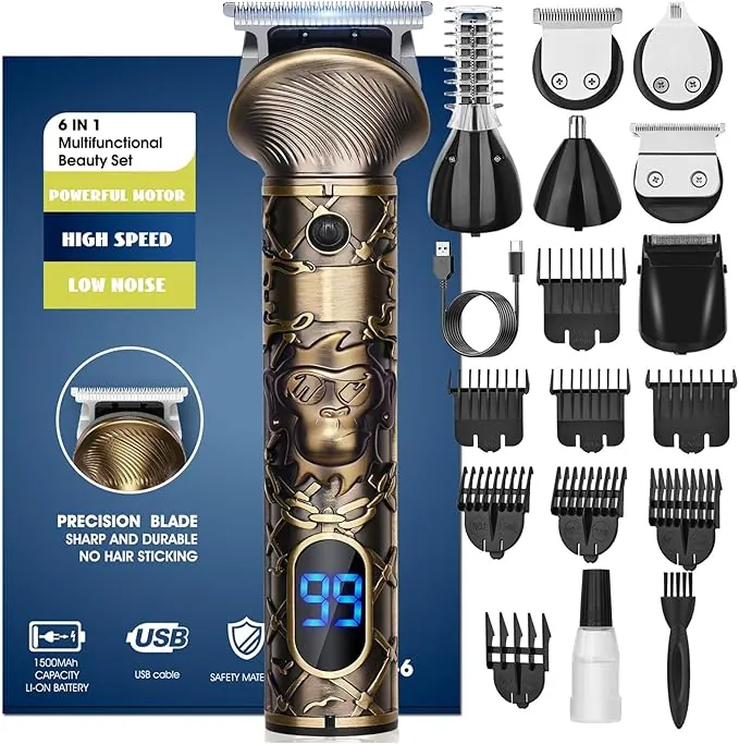 Maquina de Afeitar Hombre, Profesional Maquina de Cortar Pelo, Inalámbrico Cortapelos Hombre Kit 6 en 1 Para Barba, Pelos, Depilación Masculina, Recortadora de Barba Recargable con LED