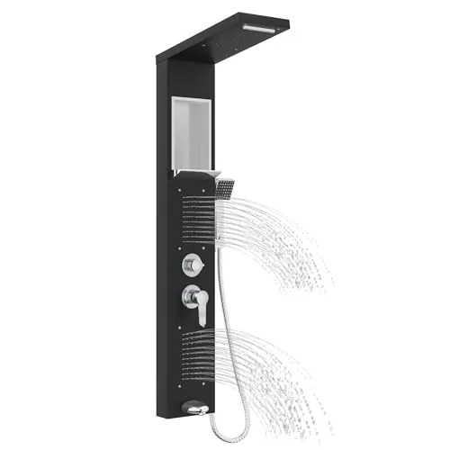 LZQ Panel de ducha de acero inoxidable, sistema de ducha de 5 funciones con ducha de lluvia, cascada, 2 chorros de masaje, ducha de mano y salida de bañera, juego de ducha montado en la pared (negro)