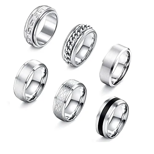 Adramata 6Pcs Anillos Hombre Mujer Acero Inoxidable Anillo Giratorio Anillos Vintage Compromiso Promesa Boda Anillo Banda Anillo Plata Hombre Mujer 8mm