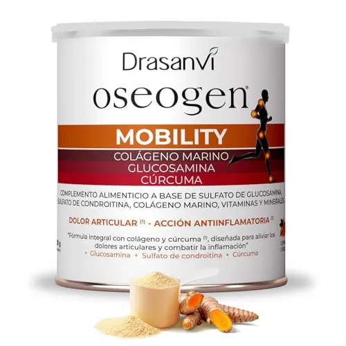 Drasanvi OSEOGEN Colágeno Marino Hidrolizado con Glucosamina, Condroitina y Cúrcuma para huesos, cartilagos y articulaciones, Con minerales esenciales, Fácil asimilación, 300 g polvo, Sabor Naranja