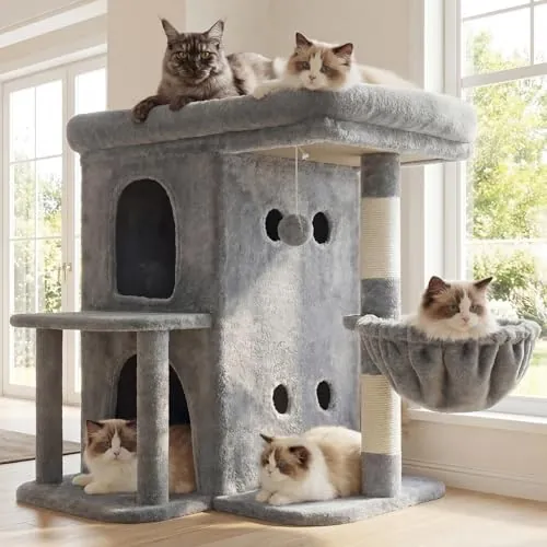 Heybly Árbol para Gatos, 65 cm de Altura, Gris Claro HCT204SW | con una Plataforma Superior Extragrande, Cesta para Gatos de Dos Pisos, Rascador de Sisal, Cesta y Juguetes para Gatos