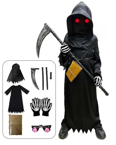 Tosekry Disfraz Halloween Niño Muerte con Death Notebook, Gafas Fosforescentes, Guadaña y Guantes (4-5 Años)