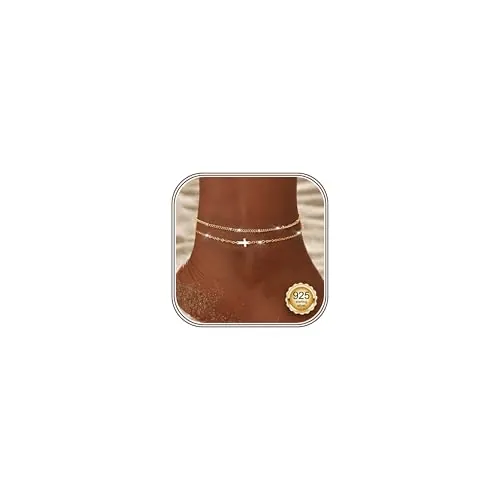 Kakonia Tobilleras de Plata Oro para Mujer Ajustable Tobillera Plata de Ley 925 Mujer Impermeable CZ Corazón Perla Tobillera Pulsera Tobilleras Joyería Para Pies de Playa Oro - Cruz