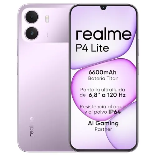 Smartphone realme P4 Lite 4G, 4GB+128GB, Pantalla LCD HD 120Hz 6,8", Batería Titan 6600mAh, Carga 15W, Carga inversa 6W, IP64 Antipolvo e Impermeable, Sistema Next IA, Púlsar Morado (Sin Cargador)