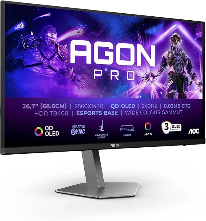 AOC Agon Pro AG276QZD2AM Monitor 27 Pulgadas, 240Hz Panel QD-OLED, 0.03ms GtG, HDR400 TrueBlack, Adaptive Sync, G-Sync Comp, Altavoces, Altura Ajustable(2560x1440 HDMI 2X 2.0 DP 2X 1.4 USB Hub) Negro