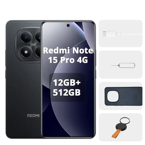 XIAOMI REDMI Note 15 Pro 4G Smartphone - 12+512GB, 6.77" AMOLED Display, 1.5K AMOLED Screen, procesador Mediatek Helio G200 Ultra, cámara 200 MP, Negro