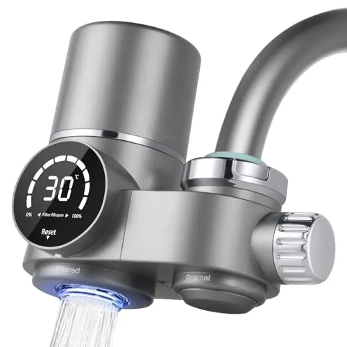 HOTUT Filtro de Agua Potable para el Hogar para Grifo con Luz Azul, Filtro de Agua con indicador LED con 1 Cartuchos de Fibra de Carbono, Elimina el Cloro
