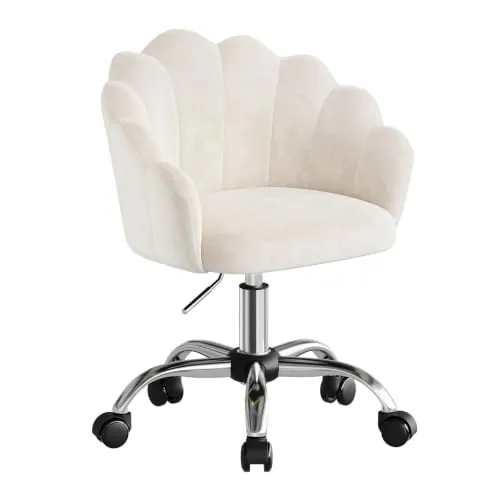 WOLTU Silla de Tocador Terciopelo, Silla Giratoria con Ruedas, Crema | Respaldo de Petalos, Ergonómica para Maquillaje, Patas de Metal