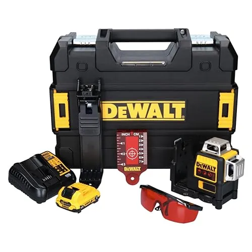 DEWALT DCE089D1R-QW - Láser Autonivelante 3 Líneas 360º con Batería DW 12V, Alcance 30m (50m con receptor), Precisión +/-3mm@10m, IP65 Resistente, Incluye Maletín y Accesorios