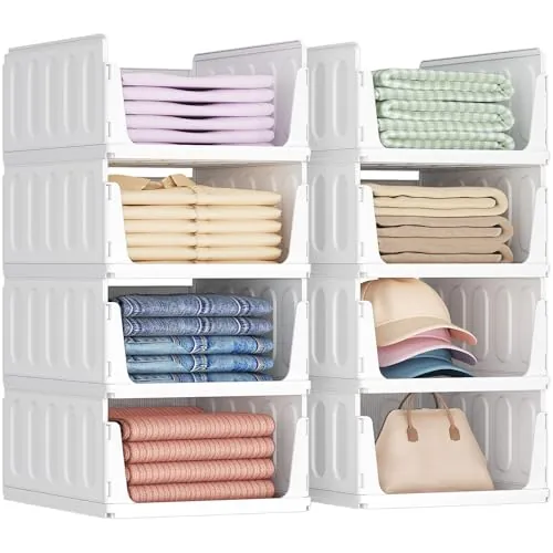 Lifewit Organizador de Armario Apilable, Cajas de Almacenaje Extensibles para Ropa, Camisetas y Pantalones, Cajones de Plastico para Separadores Closet de Baño, Cocina y Camping, 24L, Blanco, 8 Pack