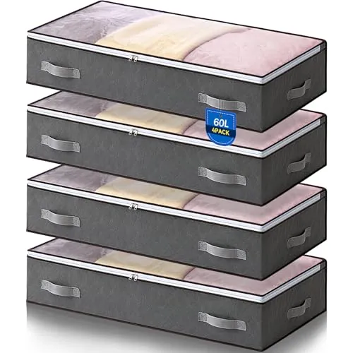 AIOR 4 Piezas 60L Bolsas Almacenaje Ropa Debajo de la Cama, Cajas Almacenaje de Gran Capacidad con Ventana Transparente, Cama Organizador Armario para Mantas Edredones, 80x50x15cm
