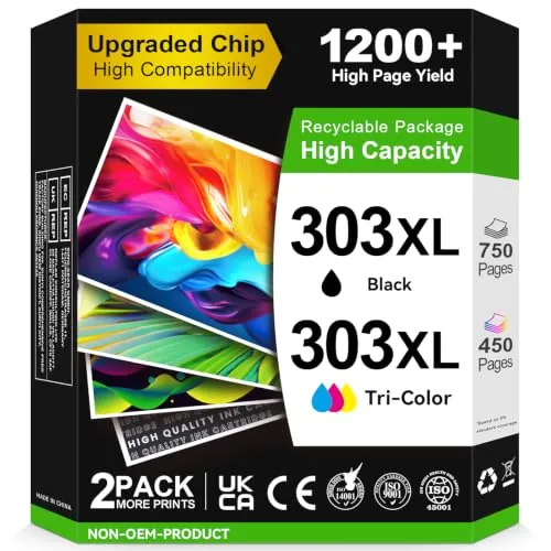Sunnieink Cartuchos 303XL BK/CMY - 750/450+ Páginas, Reemplazo para Originale Tinta HP 303 Negro & Color, para HP Envy Inspire 7220e 7920e 7924e Envy Photo 6220 6230 6232 7120 7830 7930 Tango X
