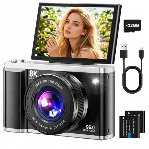 Cámara Digital 8K 96MP con WiFi, Zoom Digital 20X, Cámara de Fotos con Enfoque Automático y Estabilización Anti-Shake, Pantalla Abatible de 3,5" 180°, Tarjeta SD de 32GB y 2 Baterías