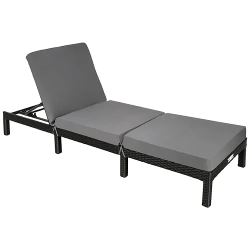tectake® Tumbona Jardín Exterior de Ratán y Acero con Cojines, Tumbona de Piscina con Respaldo Regulable en 6 Posiciones, Tumbona de Playa Estable y Resistente a Intemperie, Fácil Limpieza - Negro
