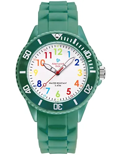 Alienwork Kids Reloj de Aprendizaje Infantil Niño Niña Verde ejército Pulsera de Silicona Abigarrado niños Impermeable 5 ATM Tiempo de Aprender