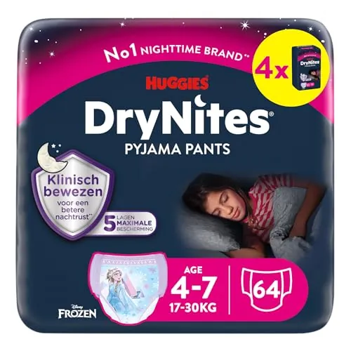 Huggies DryNites Pañales para Niña 4-7, 17-30 kg, Clínicamente Probado con 5 Capas de Óptima Protección Nocturna, 4 Packs de 16, Total 64 Pañales Desechables de Noche