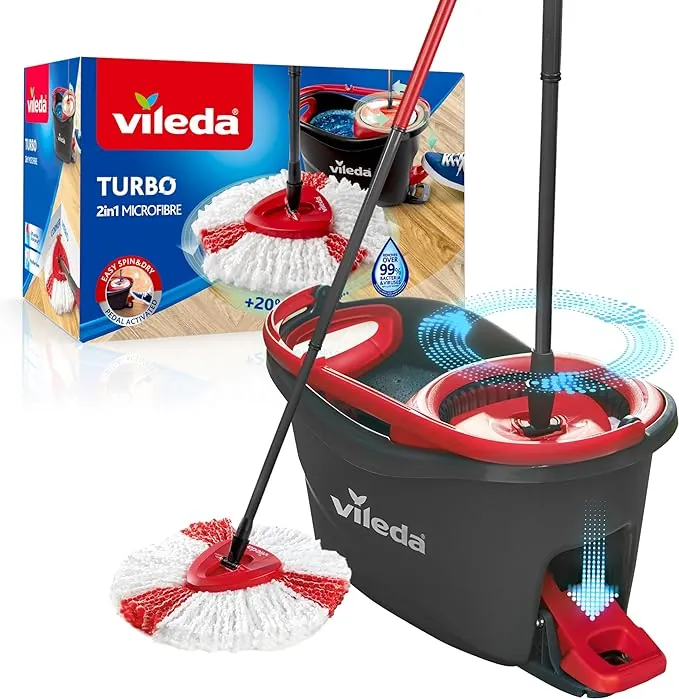 Vileda Turbo - Set de fregado con Cubo con Pedal - Palo telescópico 85-123 cm - Sistema de fregado de Suelos con escrruido Giratorio- Recambio de Microfibra 2 en 1 - Color Gris y Rojo