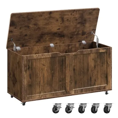 WOLTU Taburete Almacenaje con Ruedas, Baúl Puff Almacenamiento, Otomano Reposapiés Rectangular 100x40x50,5 cm, para Salón, Dormitorio y Entrada, Marrón Rústico