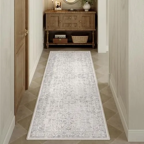 HUGEAR Alfombra Pasillo Larga Gris Alfombras Cocina Lavable Antideslizante Tapetes 60x180cm para Sala Habitacion Dormitorio Comedor Flor Vintage Tapete Pelo Corto