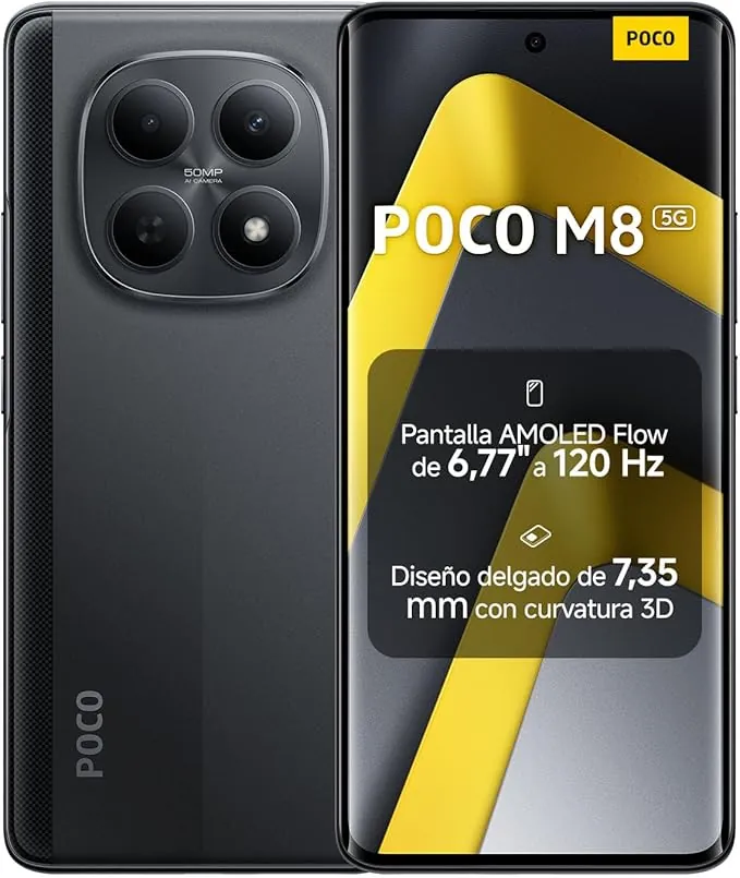 XIAOMI POCO M8 5G - Smartphone de 8+256GB, Pantalla de 6,77" 120Hz Flow AMOLED, Snapdragon 6 Gen 3, cámara Dual de 50MP IA, Carga Turbo de 45W, Cargador no Incluido, Negro (Versión ES)