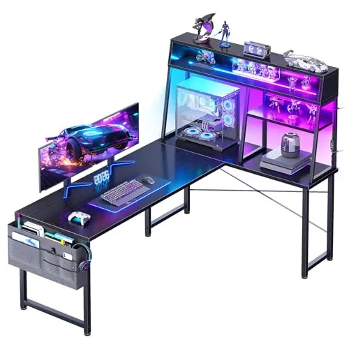 Coleshome Escritorio Gaming en L con LED, 150x100cm Escritorio Gamer con Estantes Reversible, Escritorio Esquinero con Bolsa de Almacenamiento y Gancho para Jugadores, Negro
