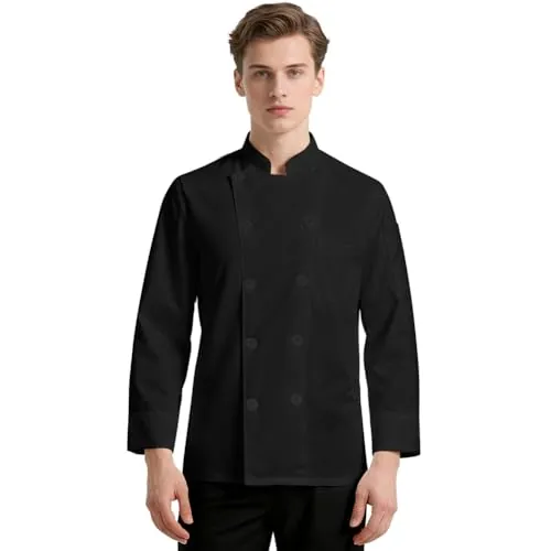 DiULi Chaquetilla Chef Hombre y Mujer, Chaqueta de Chef Manga Larga, Negro | Chaquetas Cocinero, Casaca Cocina Uniforme con Botónes, Abrigo de Trabajo Camarero Unisex para Hosteleria,Cocina,Restaurante