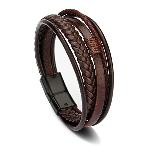 Pulsera de cuero para hombre con cierre cruzado negro, estilo bohemio, hecha a mano, con doble hebra, brazalete para hombre, regalos de amistad, Medio, Latón, Sin piedra preciosa