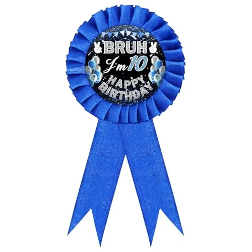 1 pieza Pin de cumpleaños para niño, Insignia de hojalata "Bruh I'm 10" – Diseño de roseta azul y globo para decoración de fiesta de 10º cumpleaños, Broche de cinta de premio para