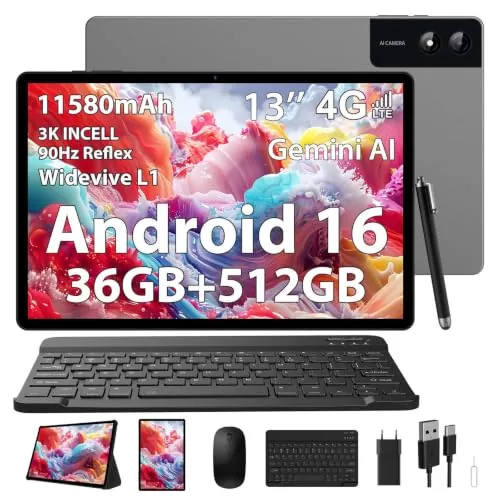DOFACESH 3K Tableta 13 Pulgadas con Android 16, 36GB RAM+512GB ROM (Extensión 2TB), 4G Lte/5G WiFi, 2940 * 1840, 11580mAh, G99 Octa-Core, 13MP+8MP, Tablet con Teclado/Widevine L1/GPS/4 Altavoces-Gris