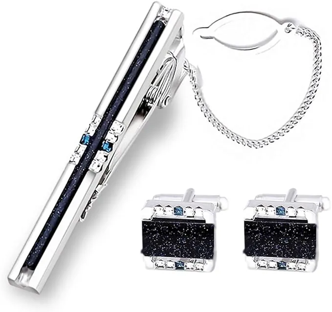 Set de gemelos y alfiler de corbata Shinning Galaxy de BagTu con caja de regalo y tarjeta de felicitación, gemelos de tira azul oscuro de Galaxy y conjunto de regalo de corbata para hombres