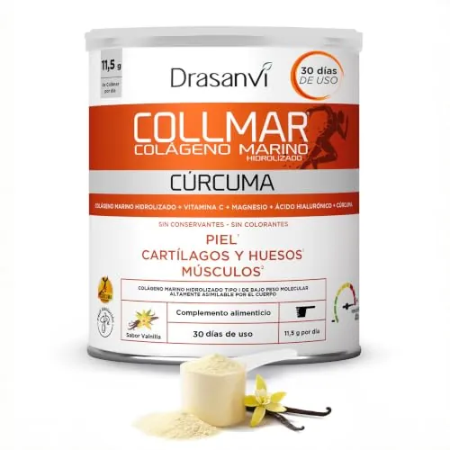 DRASANVI COLLMAR Colageno Marino Hidrolizado + Curcuma con Magnesio, Vitamina C, Ácido Hialurónico| Articulaciones y musculos | Máx. asimilación 9.595 mg/día | 340g de polvo | Collagen Sabor Vainilla