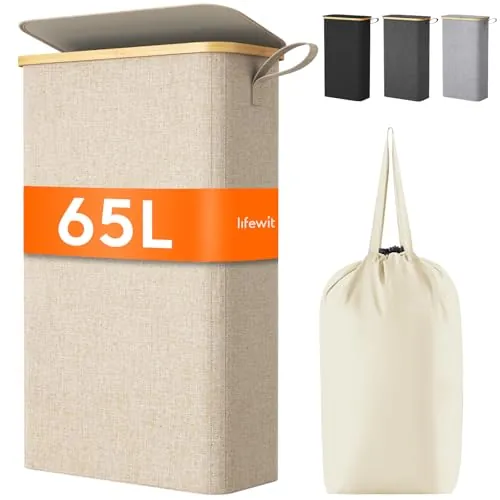 Lifewit Cesto Ropa Sucia Estrecho con Tapa, Cesto de Ropa Plegable con Bolsa Extraíble y Asa, Cesta Ropa Sucia de Bambú, Cubo de Ropa para Dormitorio, Baño, Lavandería, Dormitorio, 70 L, Beige