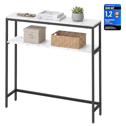VASAGLE Mesa de Consola con 2 Estantes, 80 x 20 x 81 cm | Mesa Auxiliar Estrecha, para Sala de Estar, Dormitorio, Blanco Mármol y Negro Mate, Colección BARNET LNT130W59