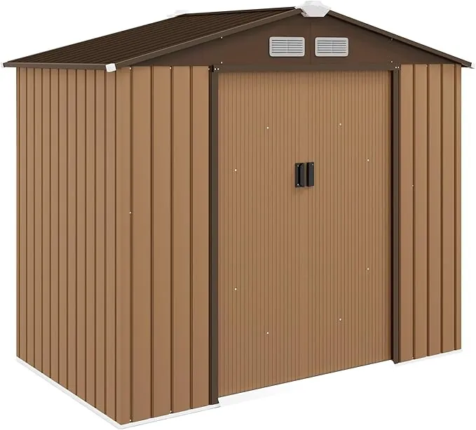Outsunny Caseta de Jardín Exterior, 2,5 m² 213x130x185 cm, Cobertizo de Jardín Exterior Metálico con 2 Puertas Correderas, Base Refuerzo (Suelo NO Incluido) y 4 Ventanas, Caqui