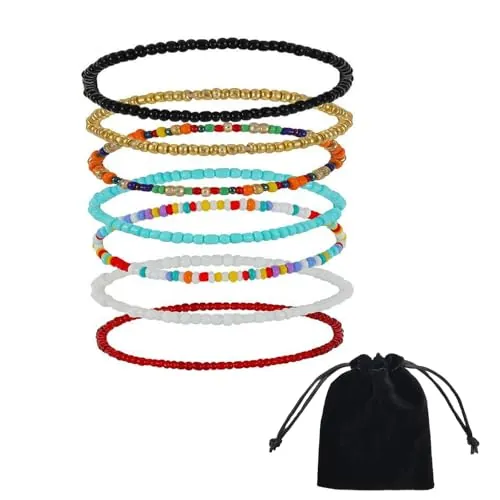 DHWEKU Tobilleras para mujer, tobilleras bohemias, coloridas cuentas de arroz, tobilleras con cuentas hechas a mano, joyería para pies multicapa, para mujeres y niñas,paquete de 7