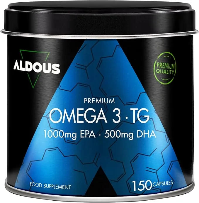 Omega 3 Capsulas Premium - 1000 mg EPA y 500 mg DHA - 150 Cápsulas - Alta Biodisponibilidad - 1500 mg Omega 3 - Aceite de Pescado en Forma de Triglicéridos - Tensión Arterial, Cerebro, Visión - Aldous
