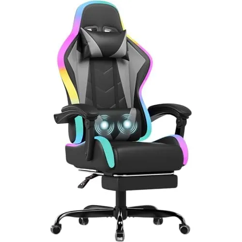JUMMICO Silla de Gaming con LED, Cool Racing Gamer, Silla ergonómica de Oficina con función de Masaje, Respaldo Ajustable de 90 a 135°, con reposapiés telescópico, Silla de Gaming de 150 kg, Gris