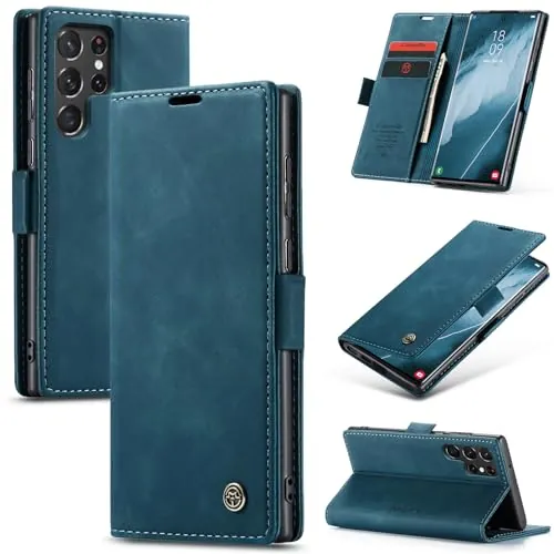 Azororo Funda para Samsung Galaxy S22 Ultra 5G PU Cuero Premium, Tapa Libro Estuche Flip Case, Tarjetas/Billetera, Soporte Plegable y Cierre Magnético Carcasa para Samsung Galaxy S22 Ultra -Azul Verde
