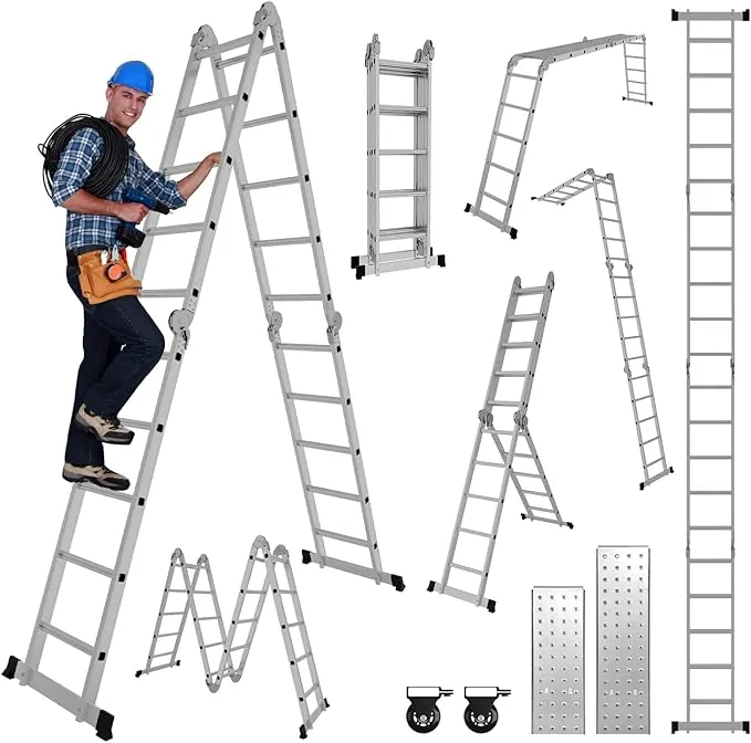 Escalera Multiusos 4 x 5, 582 cm 7 en 1 de Aluminio multifunción Escalera Plegable con 2 Placas Metálicas, para el hogar Escalera de Trabajo Plataforma, Carga de 150 kg
