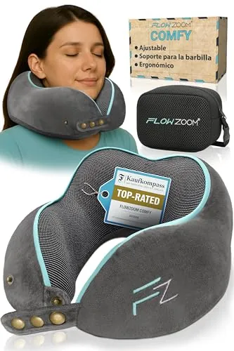 FLOWZOOM Comfy Almohada de Viaje Viscoelástica – Soporte Ajustable 360°, Funda de Felpa Suave y Lavable, con Bolsa Compacta – Cojín de Cuello para Avión, Coche y Tren – Gris