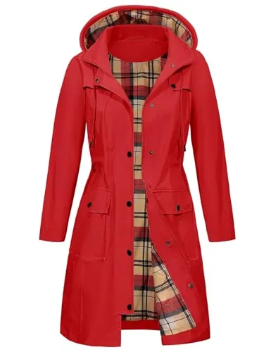 heekpek Chaqueta Chubasquero Mujer Parka Impermeable Largo Abrigo Ligero Gabardina Mujer Impermeable con Capucha y Bolsillo, Rojo, L